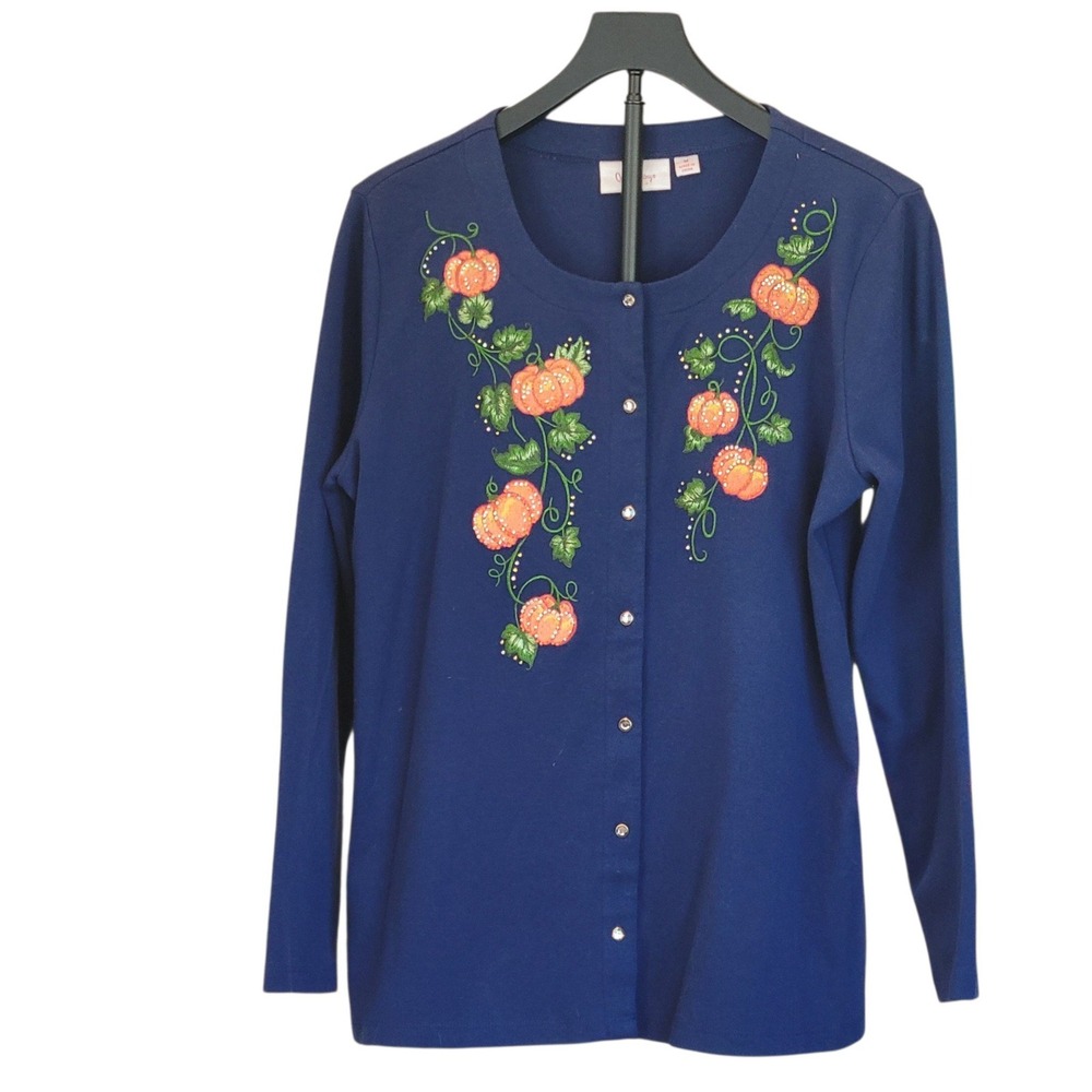 Quacker Factory Womens Cardigan Size Medium Navy Pumpkin Embroidered Rhinestone